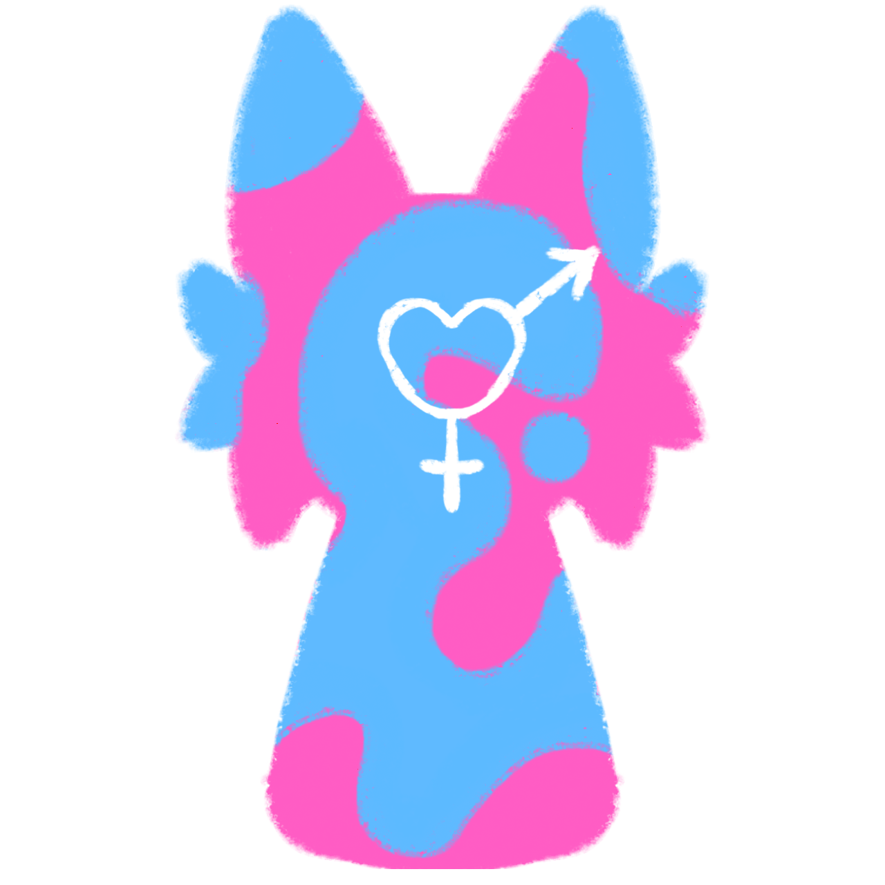 a furry cat creature with a white female symbol (♀) and a male symbol (♂) inside its face, The creature has pink and blue fur with a fuzzy texture.